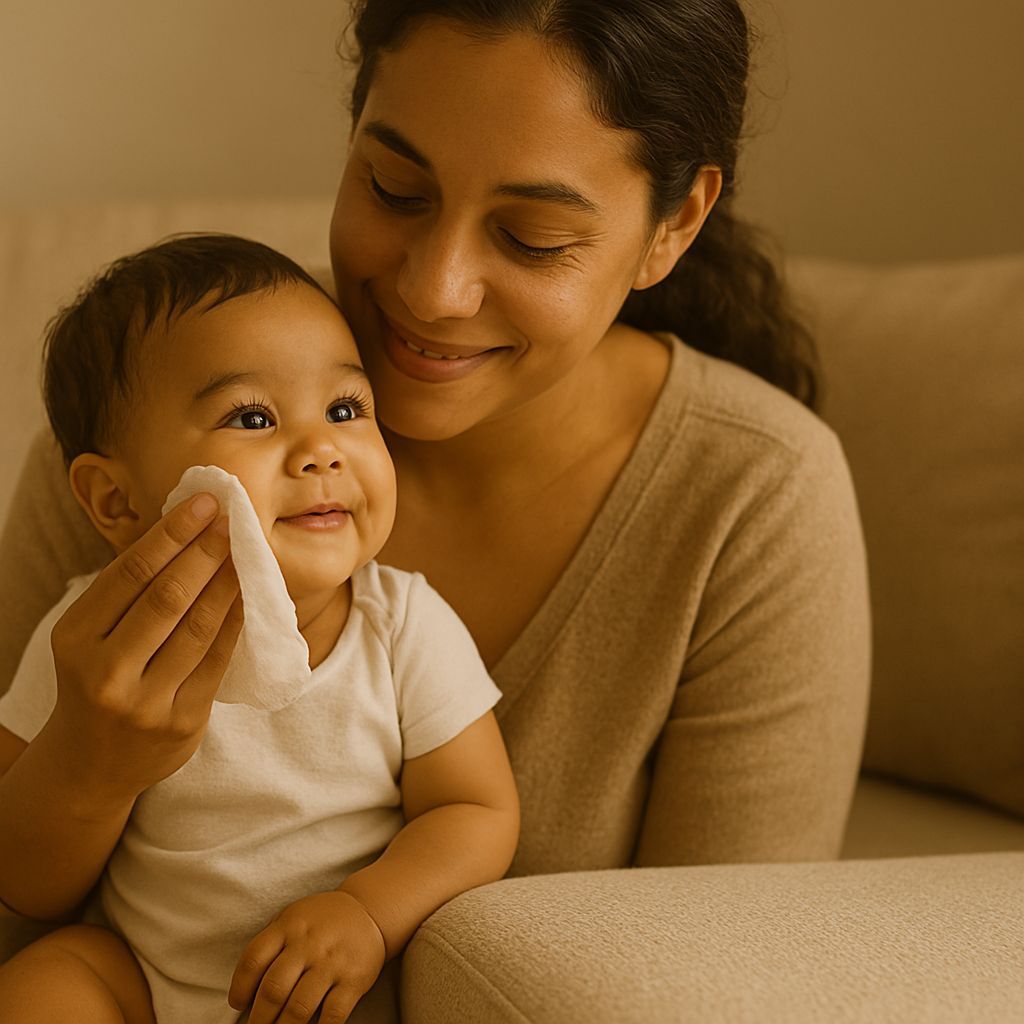 Mother wiping baby with Butterfly Essentials Water Wipes